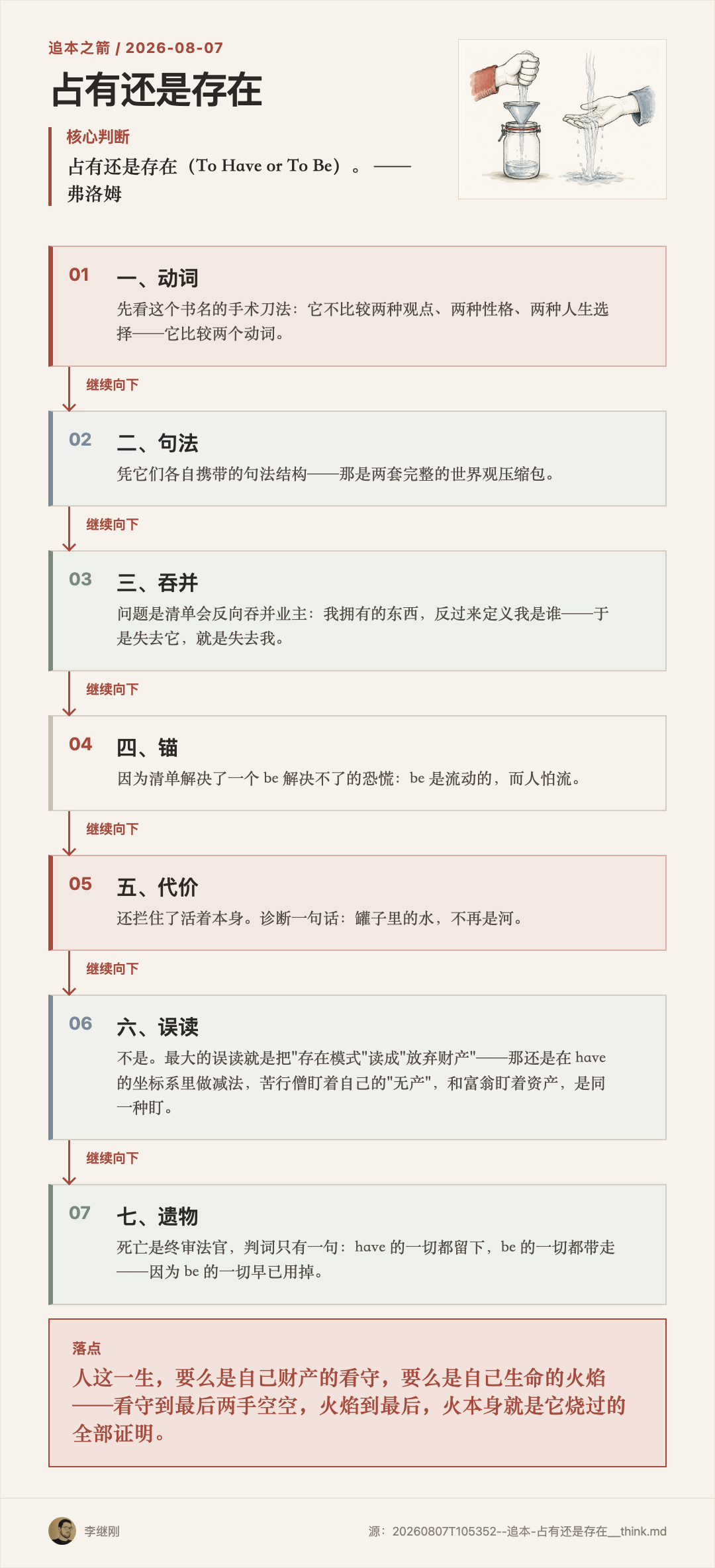一只手把河水灌进罐子，另一只手让水流过掌心